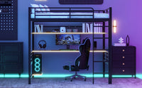 Full Size Metal Loft Bed Frame With Storage Shelf And Led Light,Iron Mesh,Black Expected Arrival Time:10.10 Black Metal