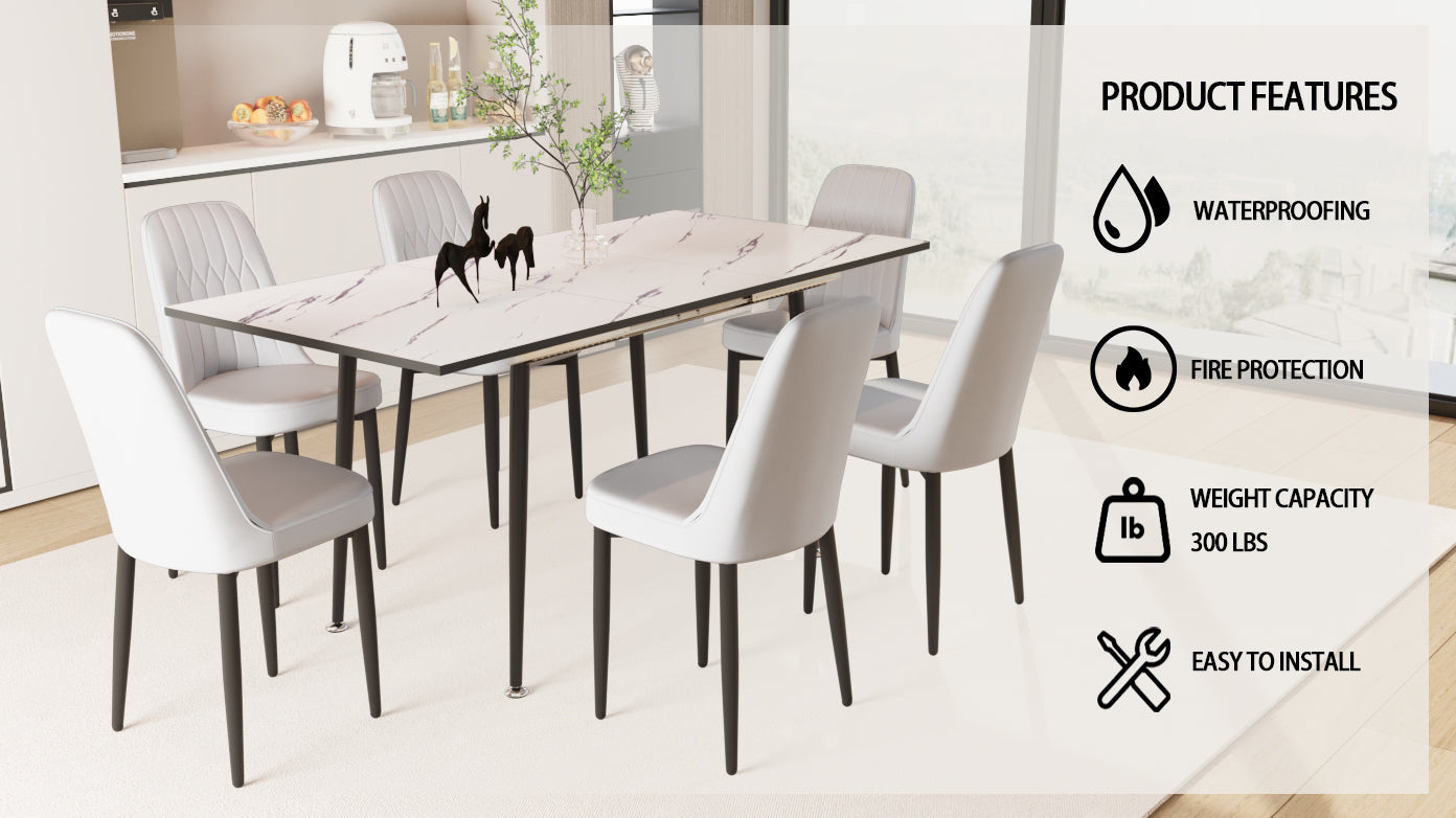 An Expandable Dining Table Set For 2 6 People, Equipped With Pu Fabric Thick Cushioned Dining Chairs And An Elegant And Spacious Dining Tablekitchen Table And Chair Set, With Black Metal Legs Grey