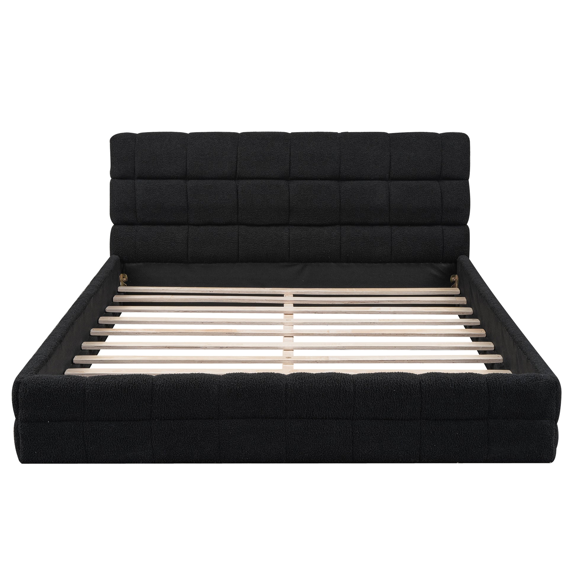 Queen Size Upholstered Platform Bed, Black Box Spring Not Required Queen Black Wood Bedroom Bed Frame Upholstered