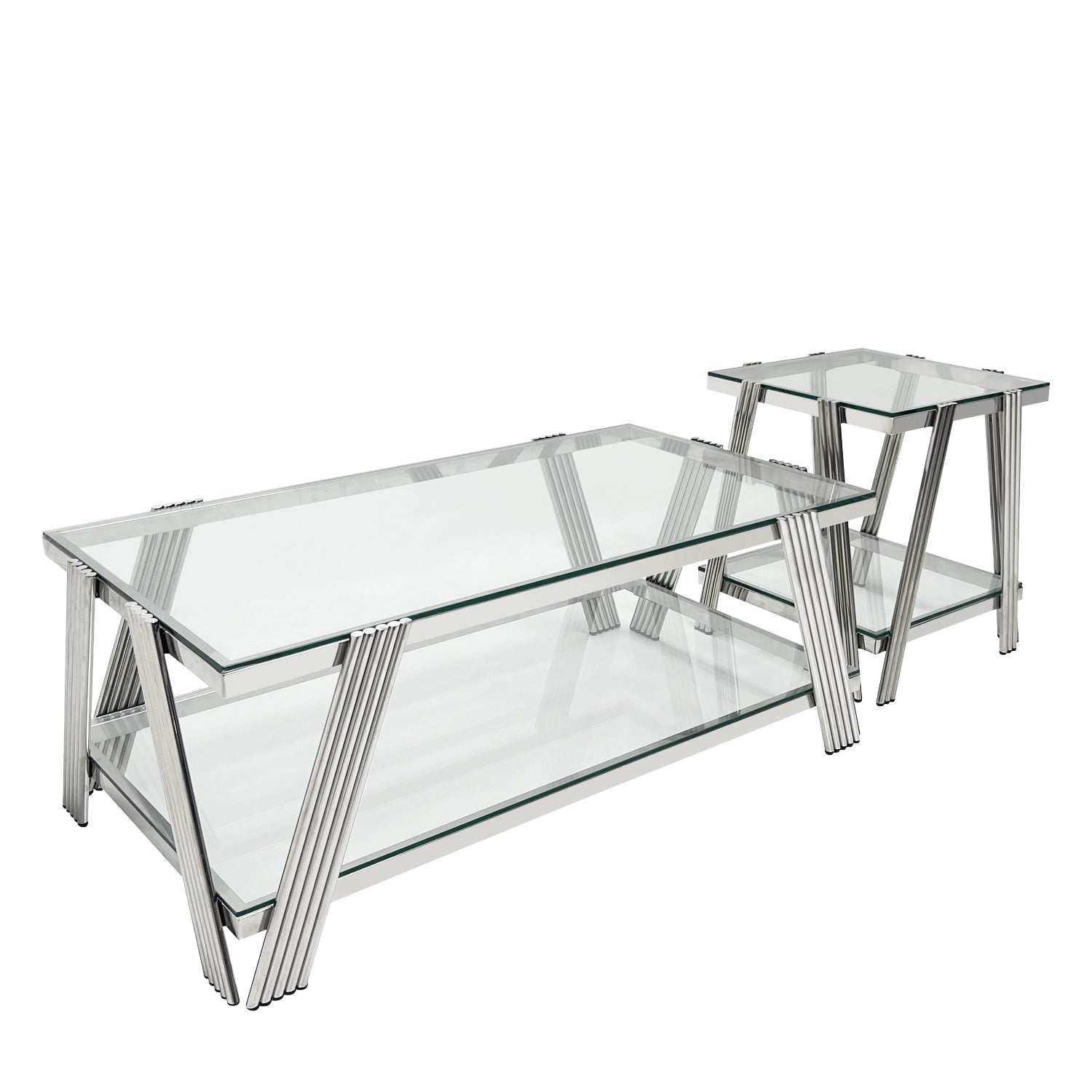 Modern Stainless Steel Coffee Table Set Set Of 2 , Double Layer Clear Tempered Glass Table Top, Coffee Table & End Side Table 2 Pieces Sets For Living Room Home Office, Silver Clear,Silver Modern