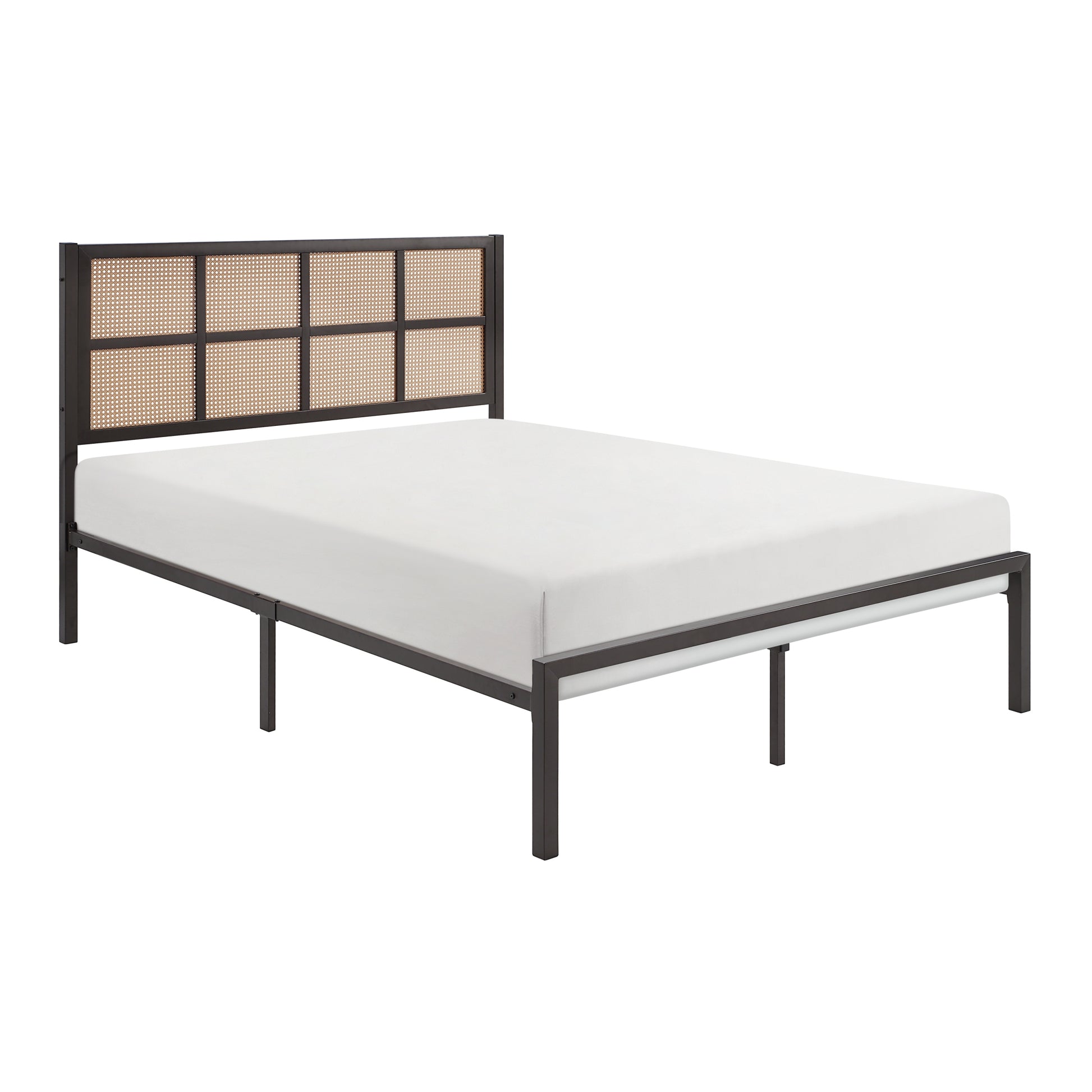1Pc Eastern King Platform Bed, Metal Frame Dark Bronze Finish Faux Cane Panel Headboard Casual Coastal Bedroom Furniture, Bed In A Box Box Spring Not Required King Bronze Metal Bedroom Casual,Coastal Metal