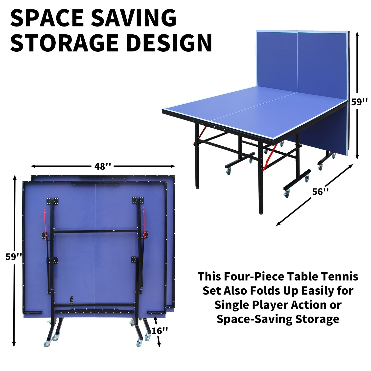 8Ft Mid Size Table Tennis Table Foldable & Portable Ping Pong Table Set For Indoor Games With Net, 2 Table Tennis Paddles And 3 Balls Blue Mdf