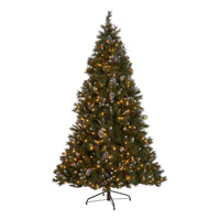 7.5' Mixed Frosted Hinged Tree With 56Frosted Pine Cones And 28Red Berry And 550Clear Lights,Dia:55 Green Pvc