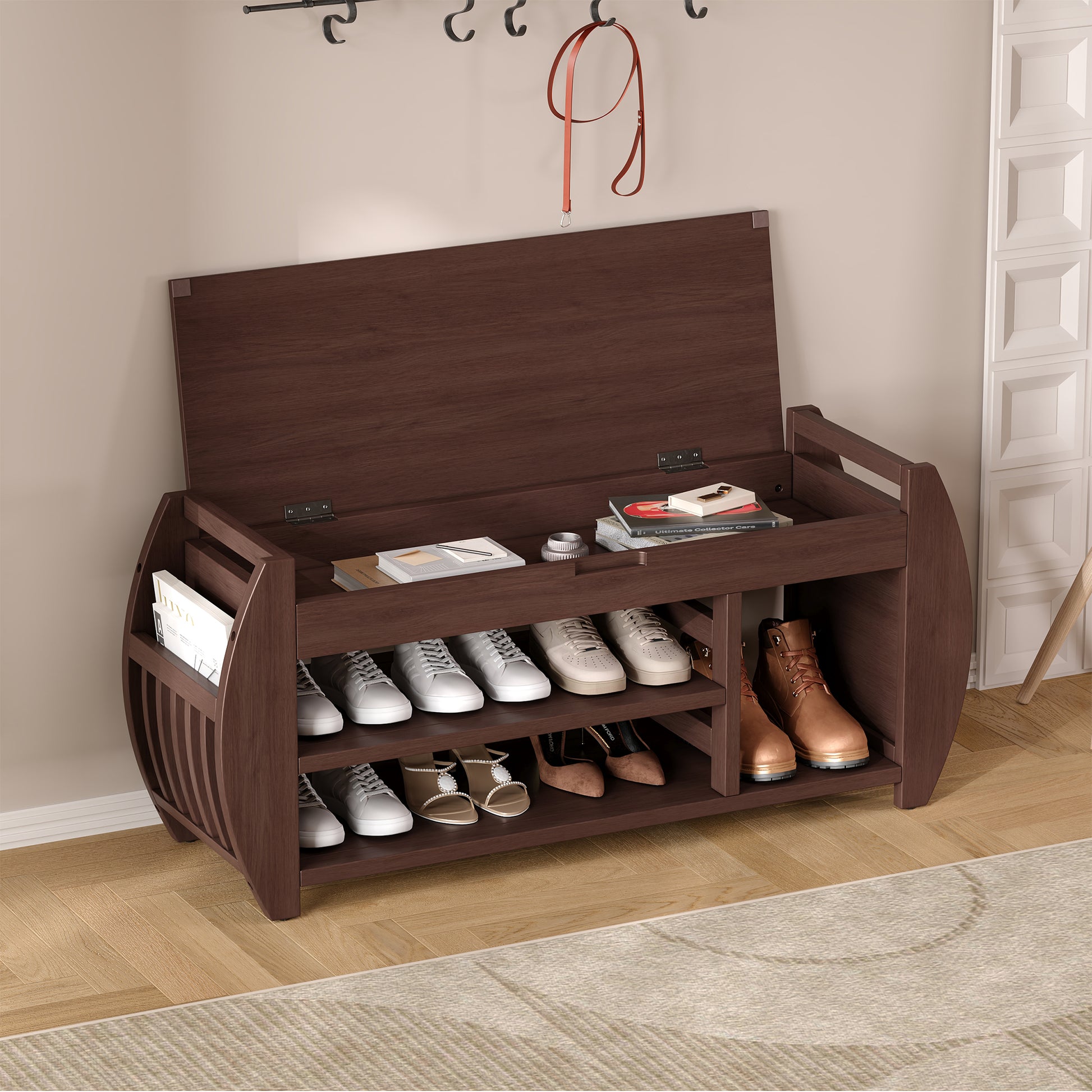 Retro Multifunctional Storage Bench With Cushion And Curved Side Panel For Entrance And Living Room Espresso Espresso Mdf