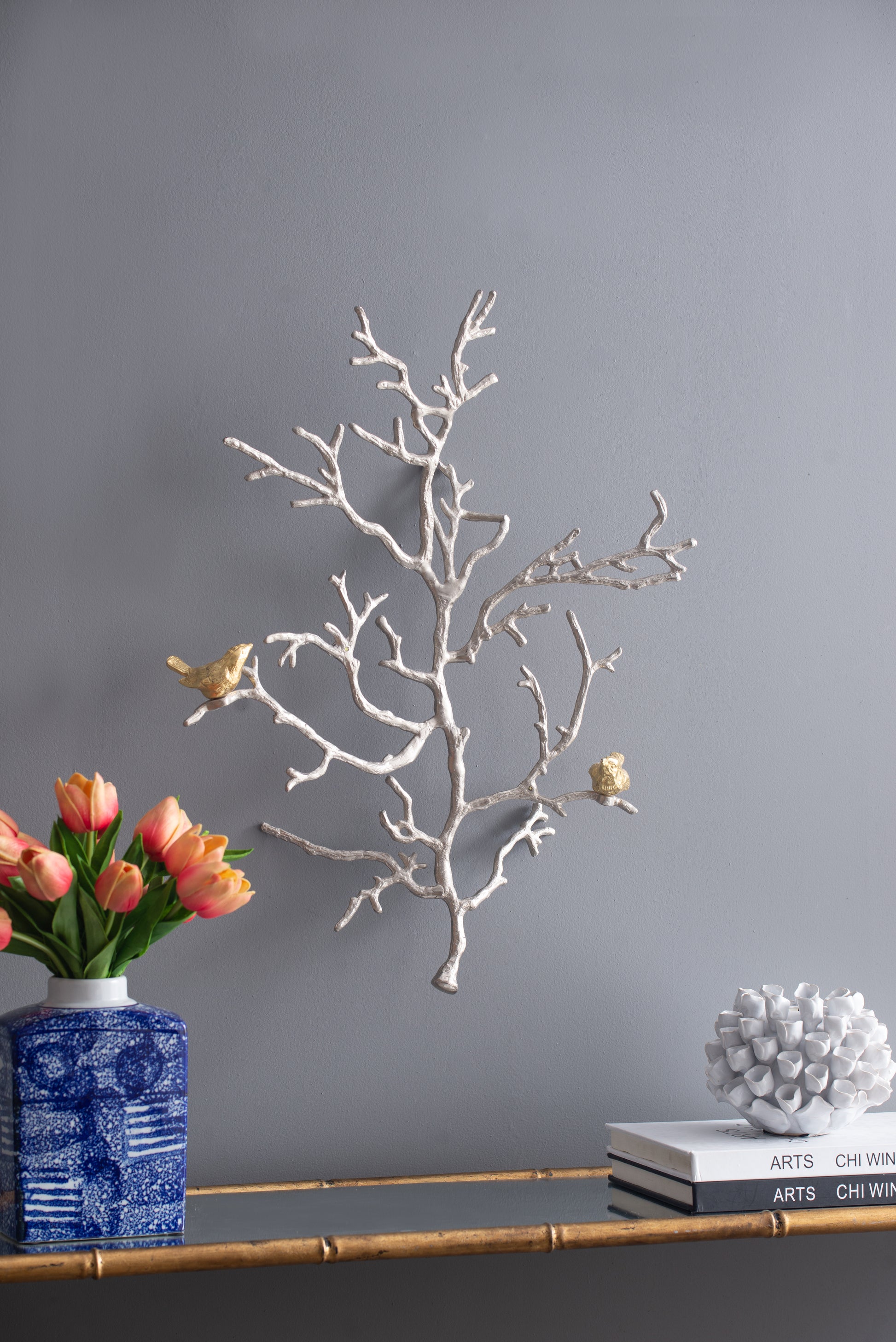17X5.5X22" Metal Branch Wall Sculptures With Bird Accents, Set Of 2 Silver Multi Aluminium