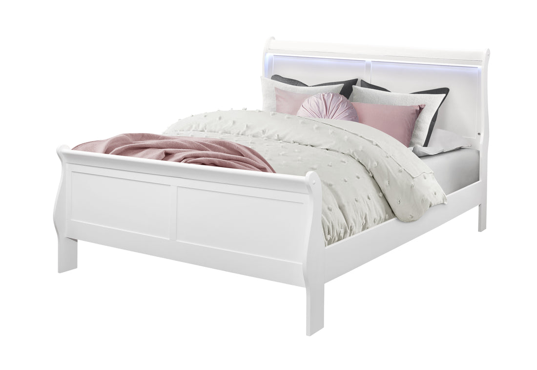 Charlston White Queen Bed With Led White Solid Wood Mdf