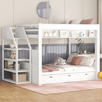 Wood Full Size Convertible Bunk Bed With Storage Staircase, Bedside Table, And 3 Drawers, White White Solid Wood Mdf