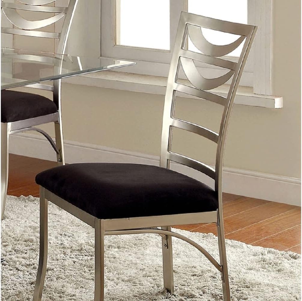 Contemporary Silver Metal 2Pc Dining Chairs Black Microfiber Seat Dining Room Ladder Back Chair Satin Plated Powder Coating Metal Black,Silver Dining Room Powder Coated Contemporary,Modern Side Chair Set Of 2 Metal,Microfiber