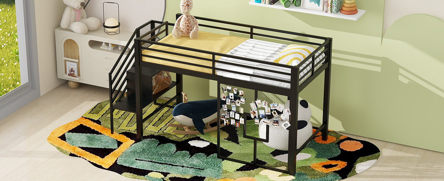 Twin Size Metal Low Loft Bed Frame With Storage Staircase And Iron Mesh,Black Expected Arrival Time:10.10 Black Metal