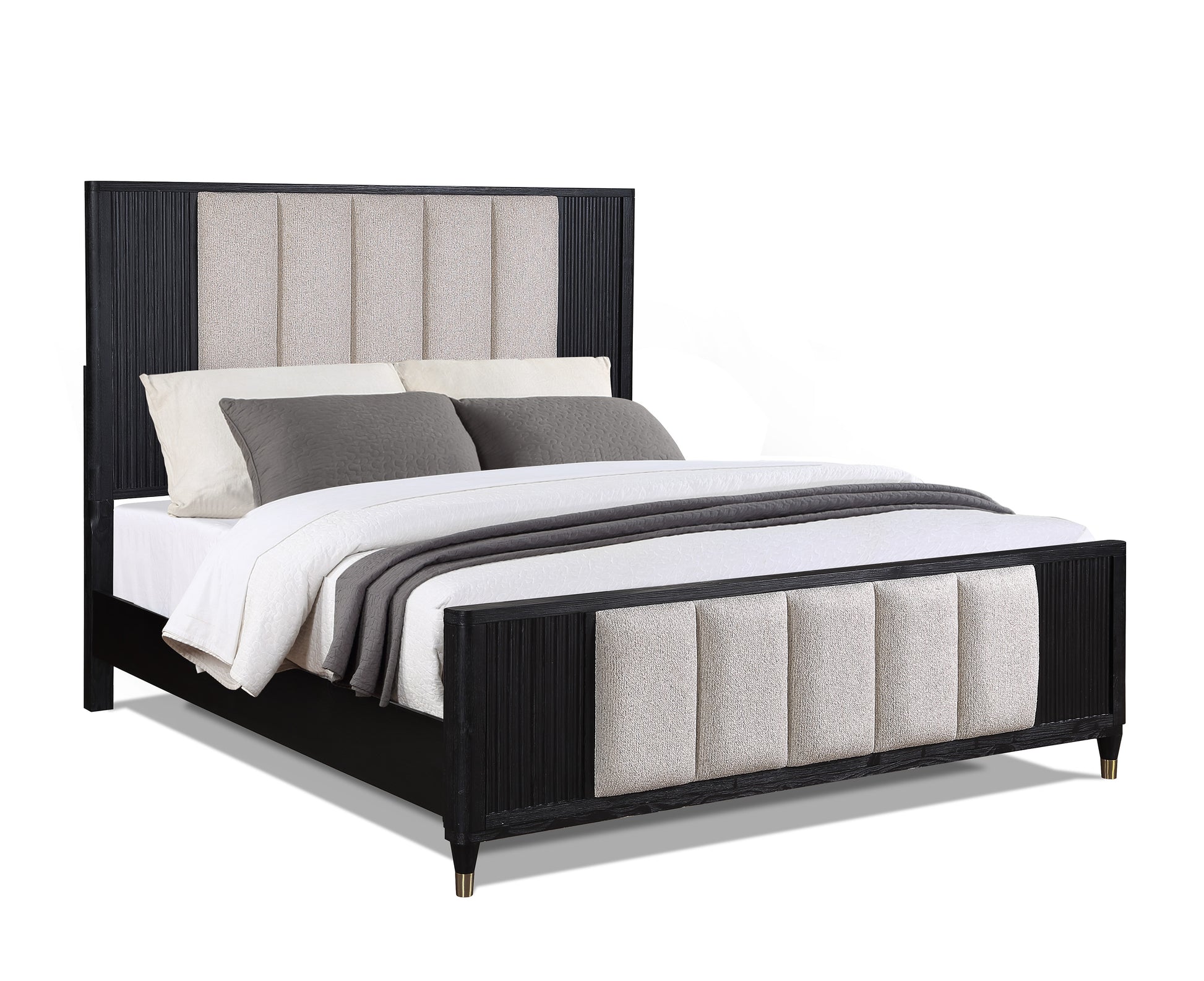 1Pc Black Finish King Upholstered Panel Bed Upholstered Headboard Footboard Metal Legs Protection Wooden Bedroom Furniture Queen Beige White,Black Brown Wood Bedroom Contemporary Panel Wood