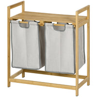 Homcom Double Laundry Hamper 2 Section Bamboo Laundry Basket With Storage Shelf 2 Pull Out And Removable Bags For Bedroom Bathroom Laundry Room 2 X 10.7 Gallons Natural Wood And Dark Gray Natural Wood Bamboo