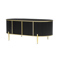 Modern Luxury Oval Shaped Fluted Coffee Table, Marble Patterned Top Coffee Table With 2 Cabinets, Metal Legs And Handles For Living Room, Black Date Of Expected Arrival: 11.20 Black Mdf