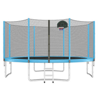 14Ft Trampoline For Kids With Safety Enclosure Net, Basketball Hoop And Ladder, Easy Assembly Round Outdoor Recreational Trampoline Blue Metal