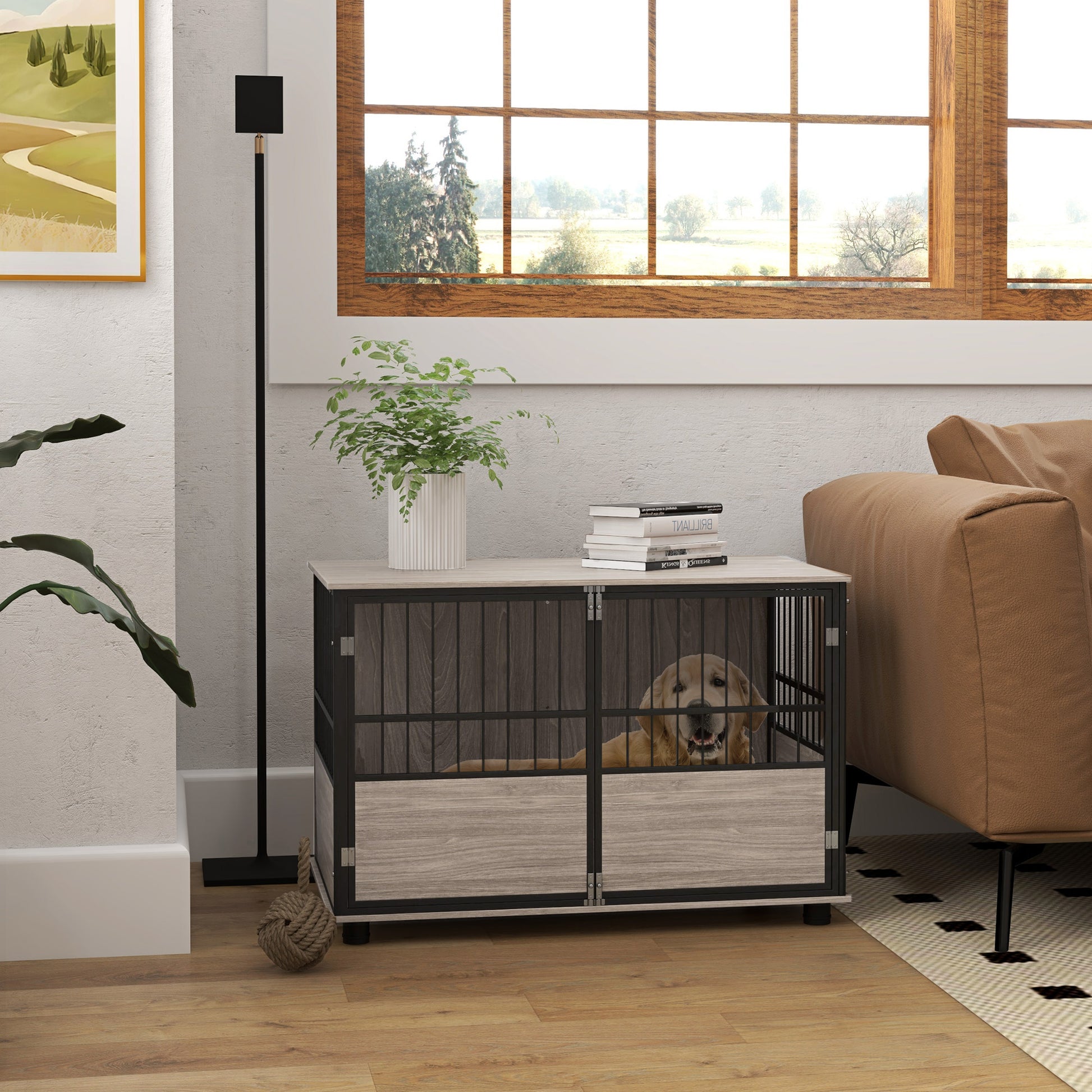 Pawhut 39.5" Dog Crate Furniture End Table, Wooden Dog Kennel Indoor Pet House With 3 Doors, For Small To Large Dogs Brown Particle Board