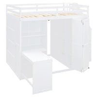 Full Size Bunk Bed With Wardrobe,Desk And Shelves,White White Mdf Lvl