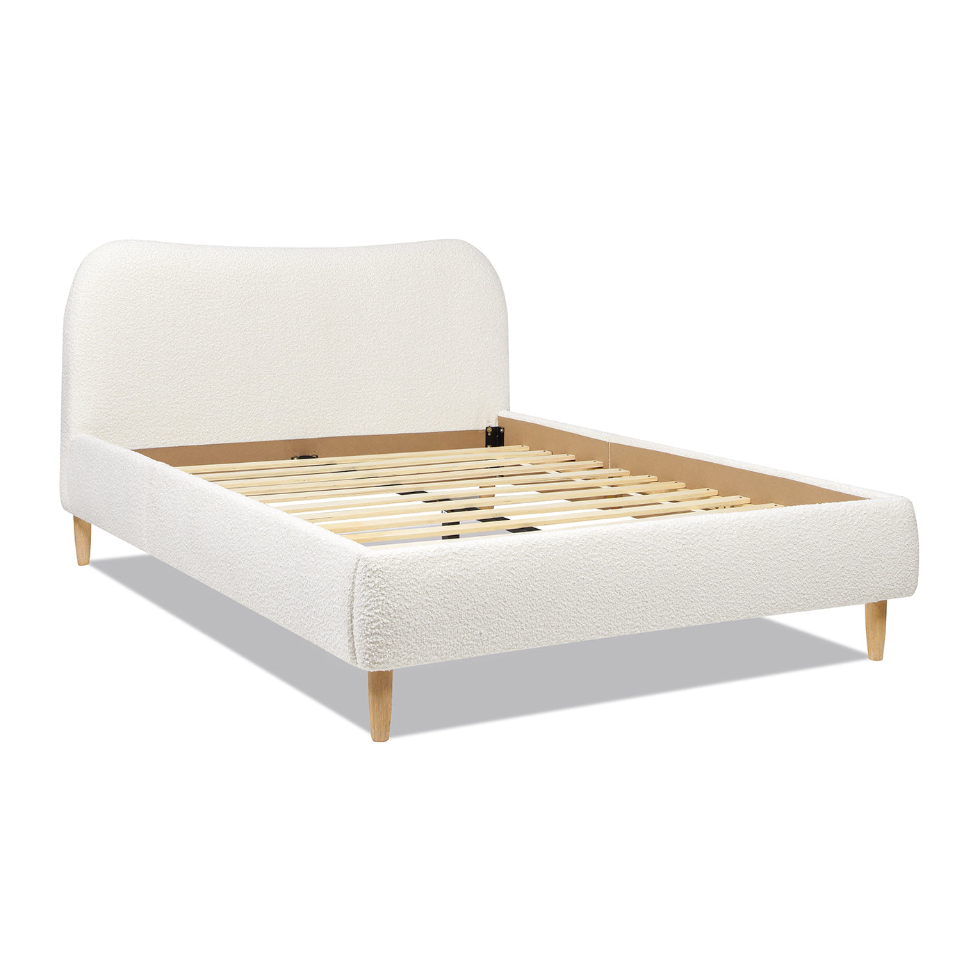 Roman Curved Headboard Upholstered Platform Bed, Queen, Ivory White Boucle Box Spring Not Required Queen White Wood Foam Boucle Boucle