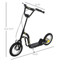 Aosom Youth Scooter Front And Rear Caliper Dual Brakes 12 Inch Inflatable Front Wheel Ride On Toy For Age 5 , Black Black Iron Plastic