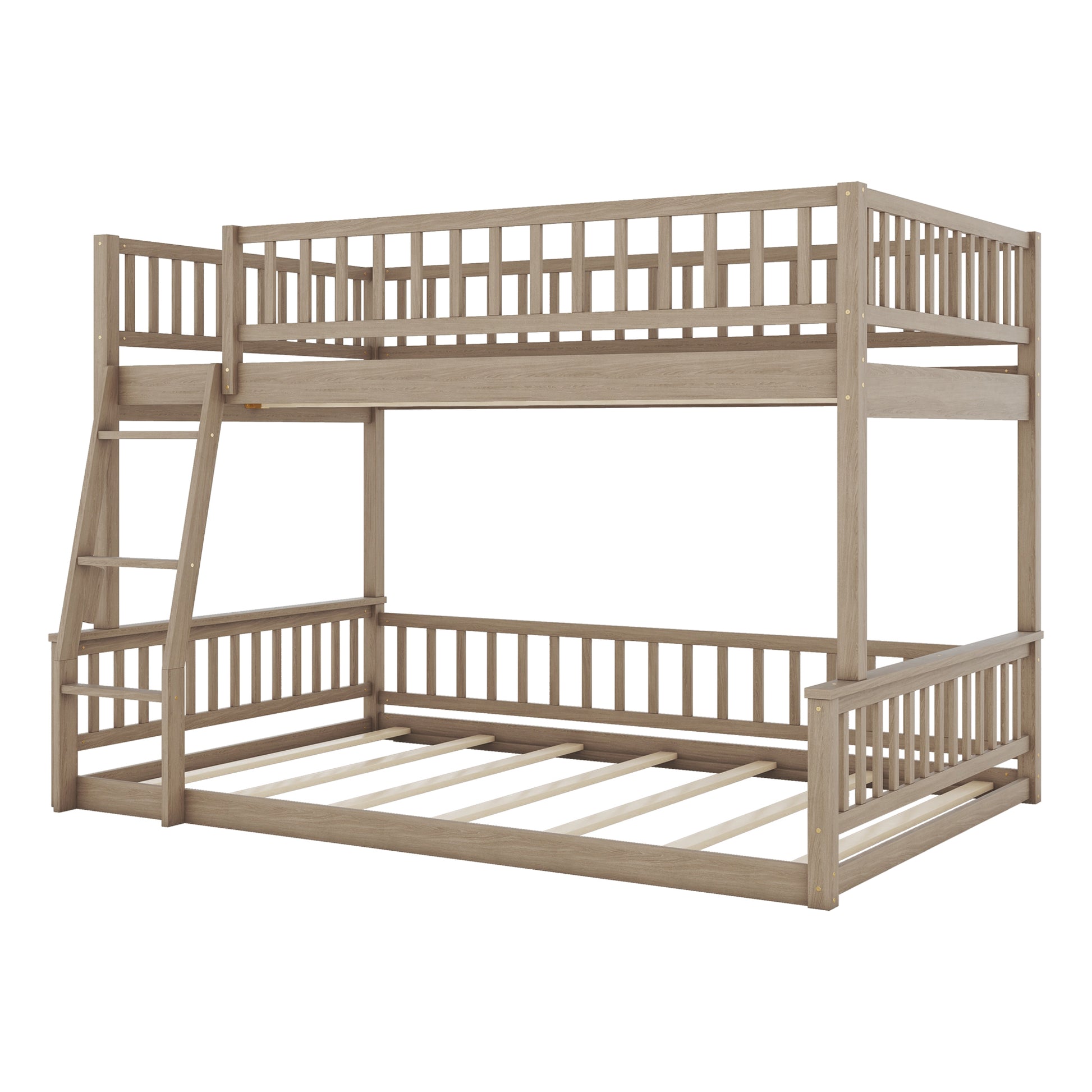 Full Xl Over Queen Bunk Bed With Ladder And Guardrails, Walnut Box Spring Not Required Queen Walnut Wood Bunk Solid Wood Mdf