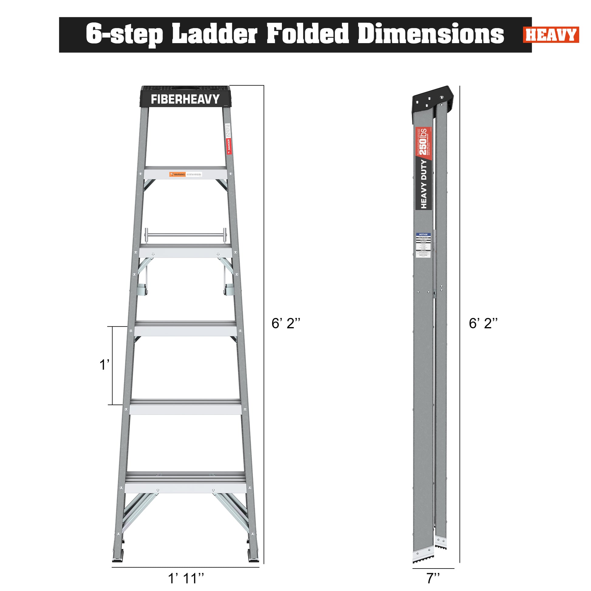 6 Fibreglass Step Ladder 250Lbs Grey Fiberglass