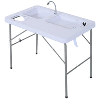 Outsunny Folding Camping Table With Faucet And Dual Water Basins, Outdoor Fish Table Sink Station, For Picnic, Fishing, 40'' White Hdpe