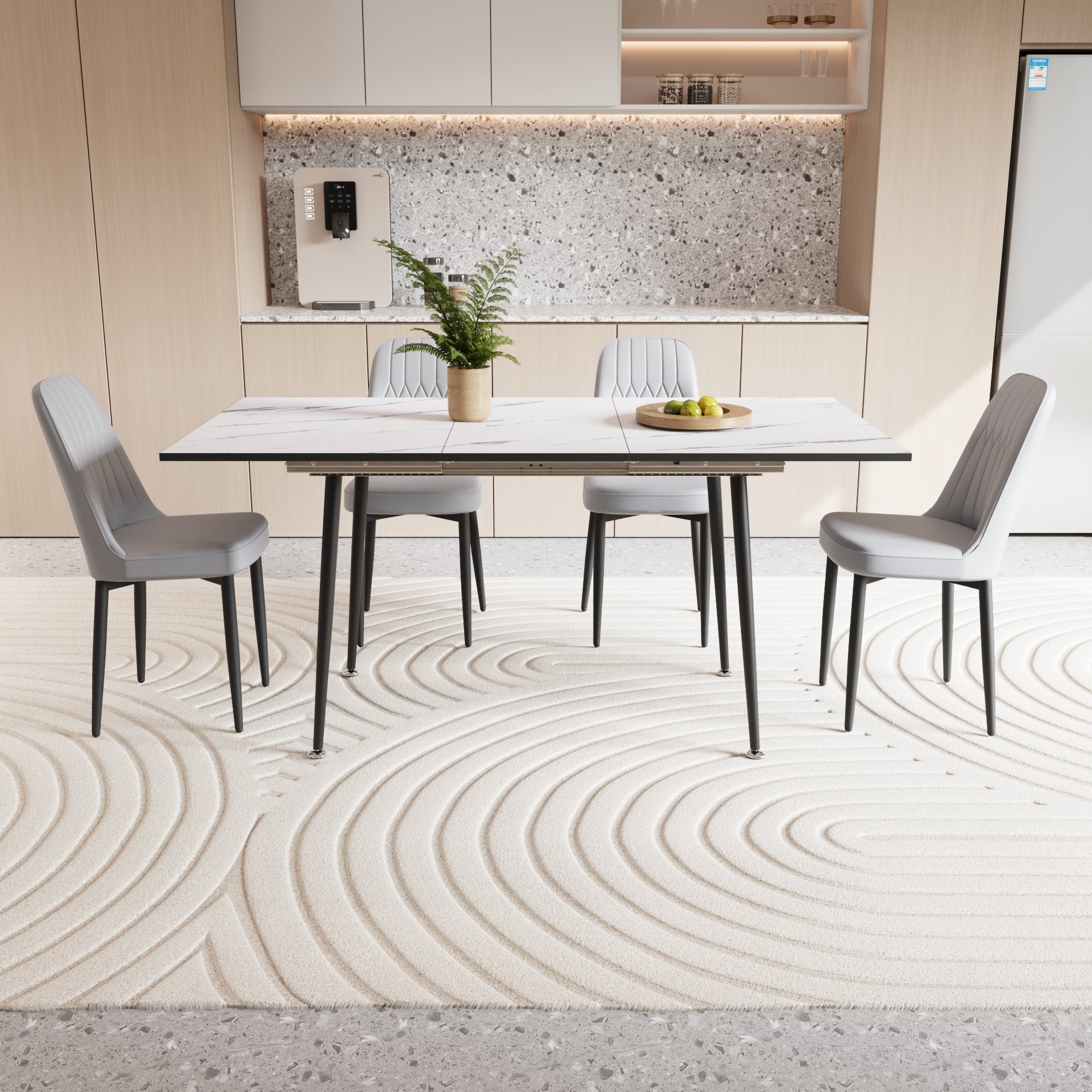 An Expandable Dining Table Set For 2 6 People, Equipped With Pu Fabric Thick Cushioned Dining Chairs And An Elegant And Spacious Dining Tablekitchen Table And Chair Set, With Black Metal Legs Grey