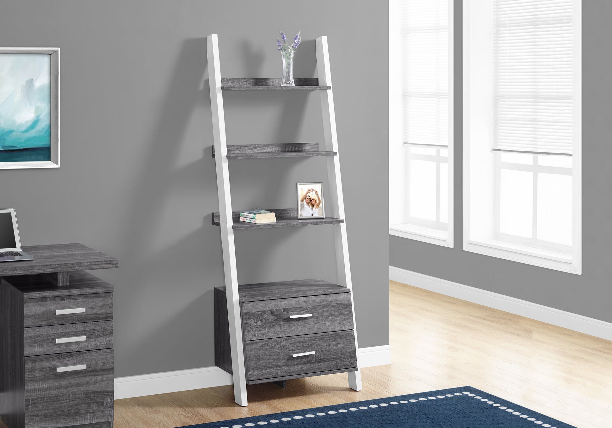 Bookshelf, Bookcase, Etagere, Ladder, 4 Tier, 69"H, Office, Bedroom, Grey And White Laminate, Contemporary, Modern Grey Particle Board