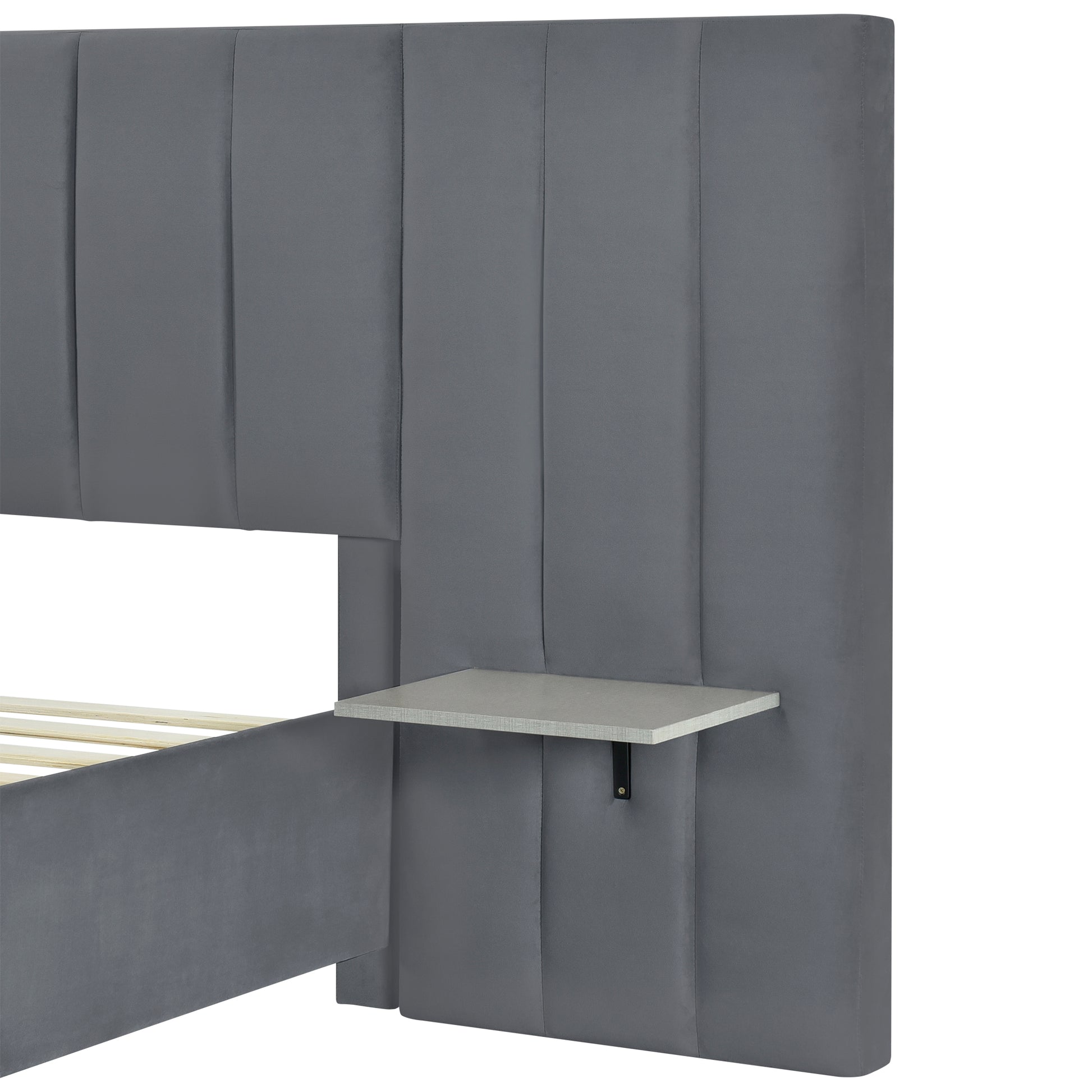 Queen Size Upholstered Platform Bed With Big Headboard, Bedroom Furniture, Velvet, Gray Queen Gray Plywood