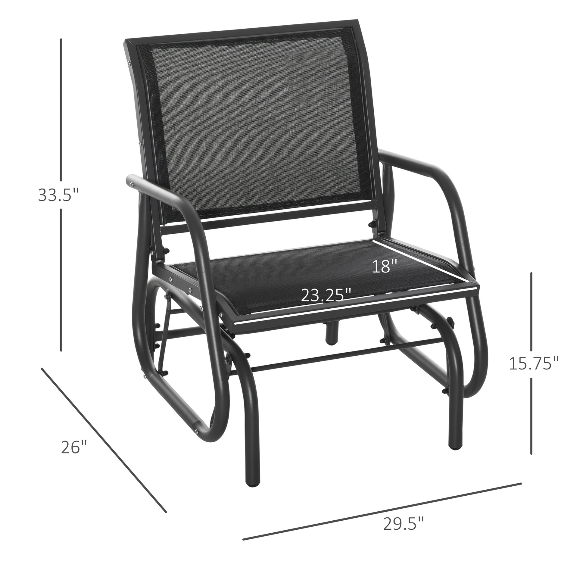 Outsunny Porch Glider, Metal Frame Swing Glider Chair Withmesh Fabric, Curved Armrests And Steel Frame For Garden, Poolside, Backyard, Balcony, Black Black Fabric Metal