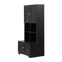 Tall And Wide Bathroom Floor Storage Cabinet, Bathroom Storage Unit, Freestanding Cabinet With 4 Doors, Adjustable Shelves, Open Multi Layer Shelves, Black Black Mdf