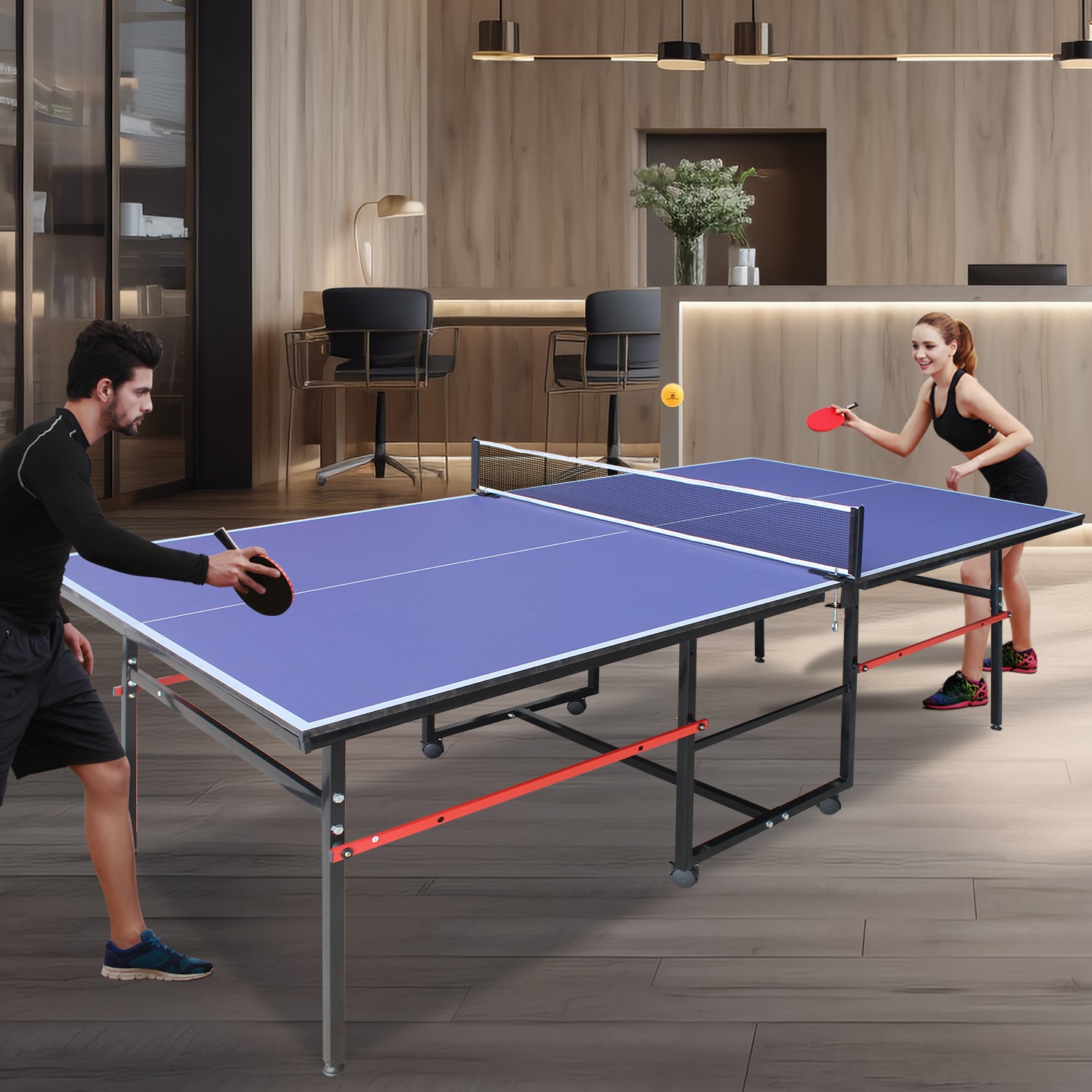 8Ft Mid Size Table Tennis Table Foldable & Portable Ping Pong Table Set For Indoor & Outdoor Games With Net, 2 Table Tennis Paddles And 3 Balls Blue Mdf