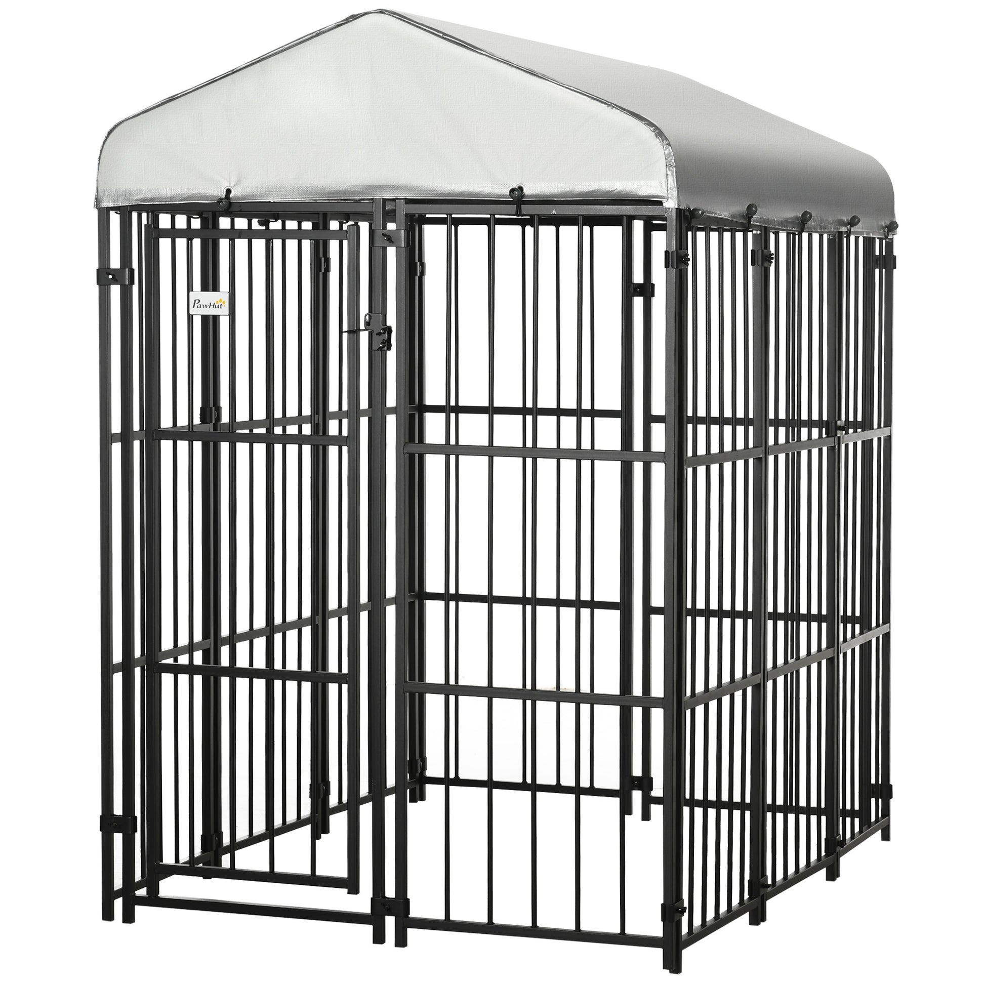 Pawhut 6' X 4' Dog Kennel, Outdoor Dog Playpen Run With Waterproof, Uv Resistant Canopy, Heavy Duty Chain Link For Medium And Large Dogs Black Steel