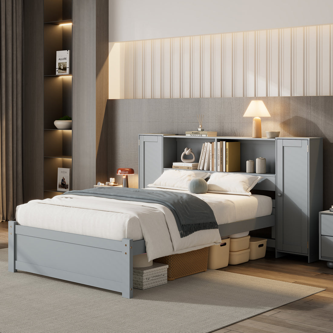 Twin Size Platform Bed With Storage Headboard And Lockers, Gray Twin Box Spring Not Required Gray Wood Bedroom Solid Wood Mdf