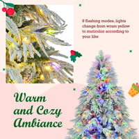 7.5Ft Pre Lit Spruce Snow Flocked Christmas Tree, Artificial Hinged Xmas Tree With 350 Multi Color Led Lights, 8 Flashing Modes &1389 Snow Branch Tips, Holiday Office Home D Cor White Green Polyethylene
