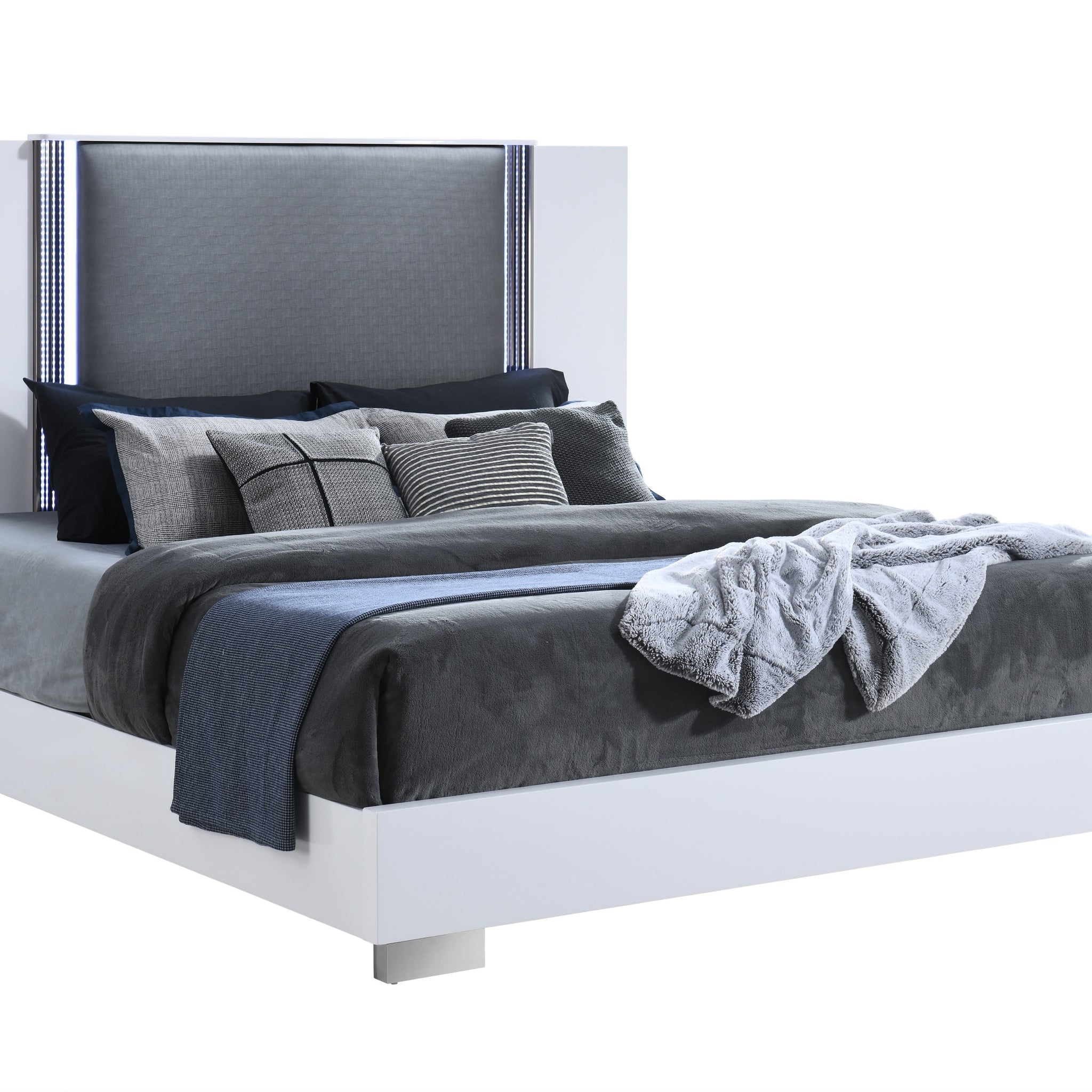 Moon Smooth White King Bed With Led White Solid Wood Mdf