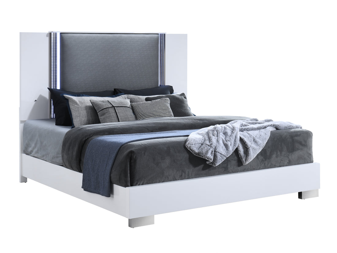 Moon Smooth White King Bed With Led White Solid Wood Mdf