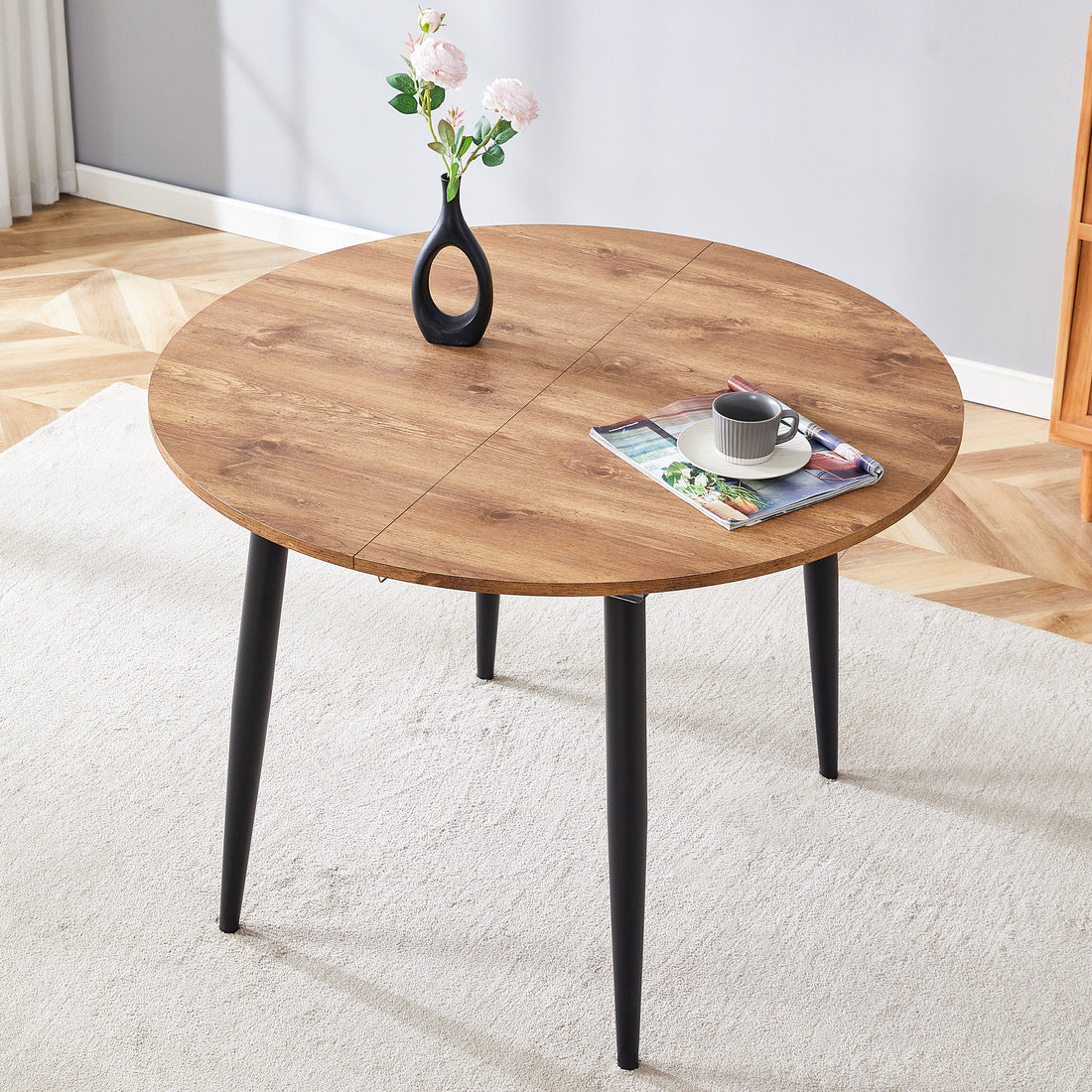 With A Clever Retractable Mechanism, The Mdf Table Top Is Made Of Black Metal Legs And Has A Smooth And Delicate Surface. The Unique Look Creates The Sleekof A Modern Home. Wood Mdf Metal