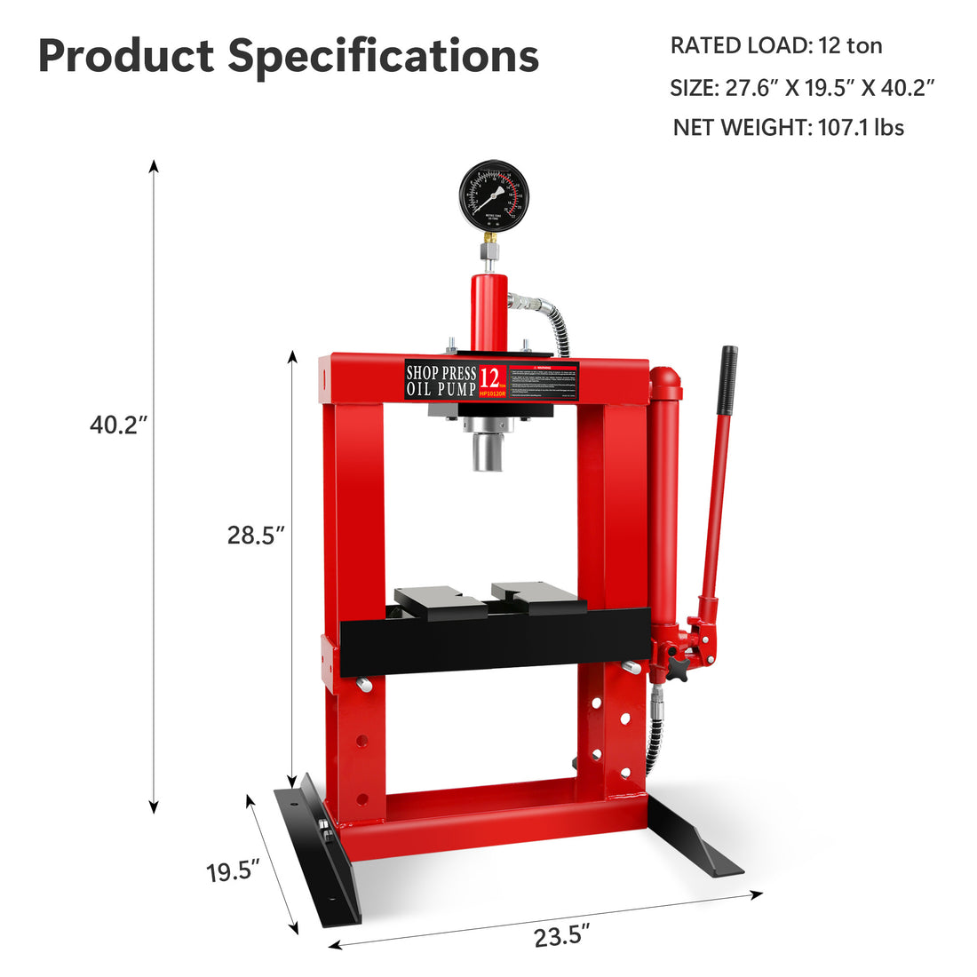 12 Ton Adjustable Benchtop Hydraulic Shop Press For Garage W Stamping Plates & Pressure Gauge, Manual Hand Pump Red Steel