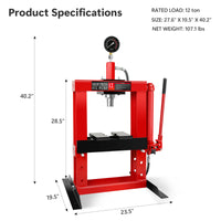 12 Ton Adjustable Benchtop Hydraulic Shop Press For Garage W Stamping Plates & Pressure Gauge, Manual Hand Pump Red Steel