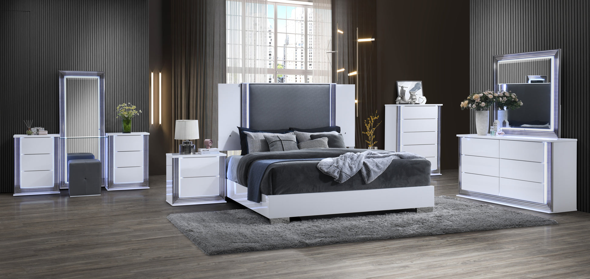 Moon Smooth White King Bed With Led White Solid Wood Mdf