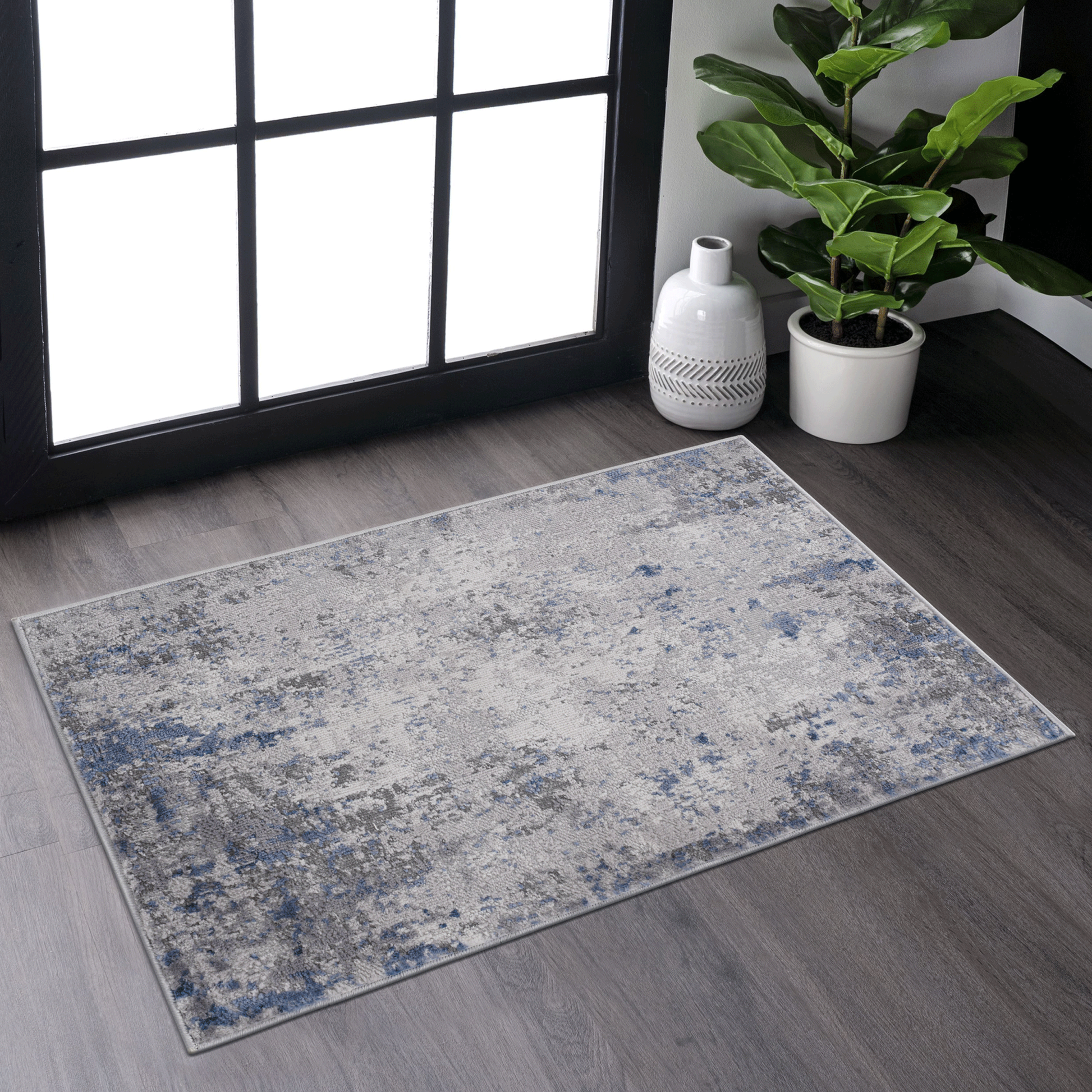 Naar Marfi Collection 2X3 Silver Blue Abstract Non Shedding Living Room Bedroom Dining Home Office Stylish And Stain Resistant Area Rug Silver Polyester