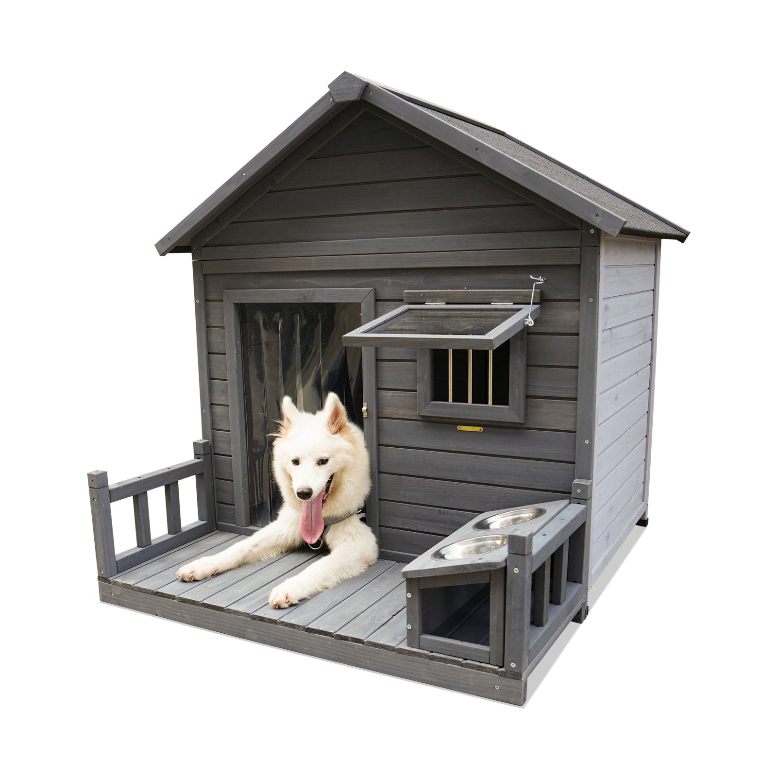 Large Dog House, 44.2" Long X 44.6" Wide X 44.6" High Solid Wood Asphalt Roof Dog House For Large Dogs With Large Terrace, Weatherproof Large Dog House,Complimentary Dog Bowl Gray Solid Wood