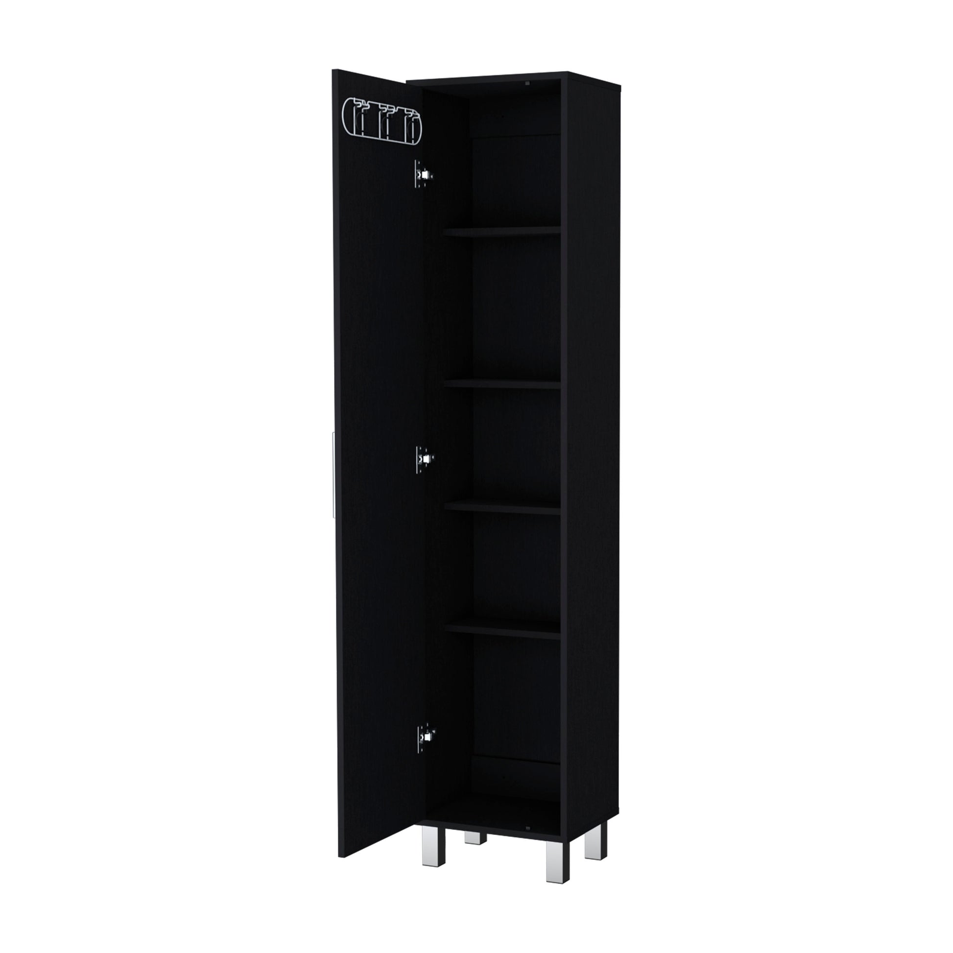 Lawen Tall Storage Cabinet, Single Door, 3 Broom Hangers Freestanding 3 4 Spaces Black Dining Room Contemporary Particle Board Melamine