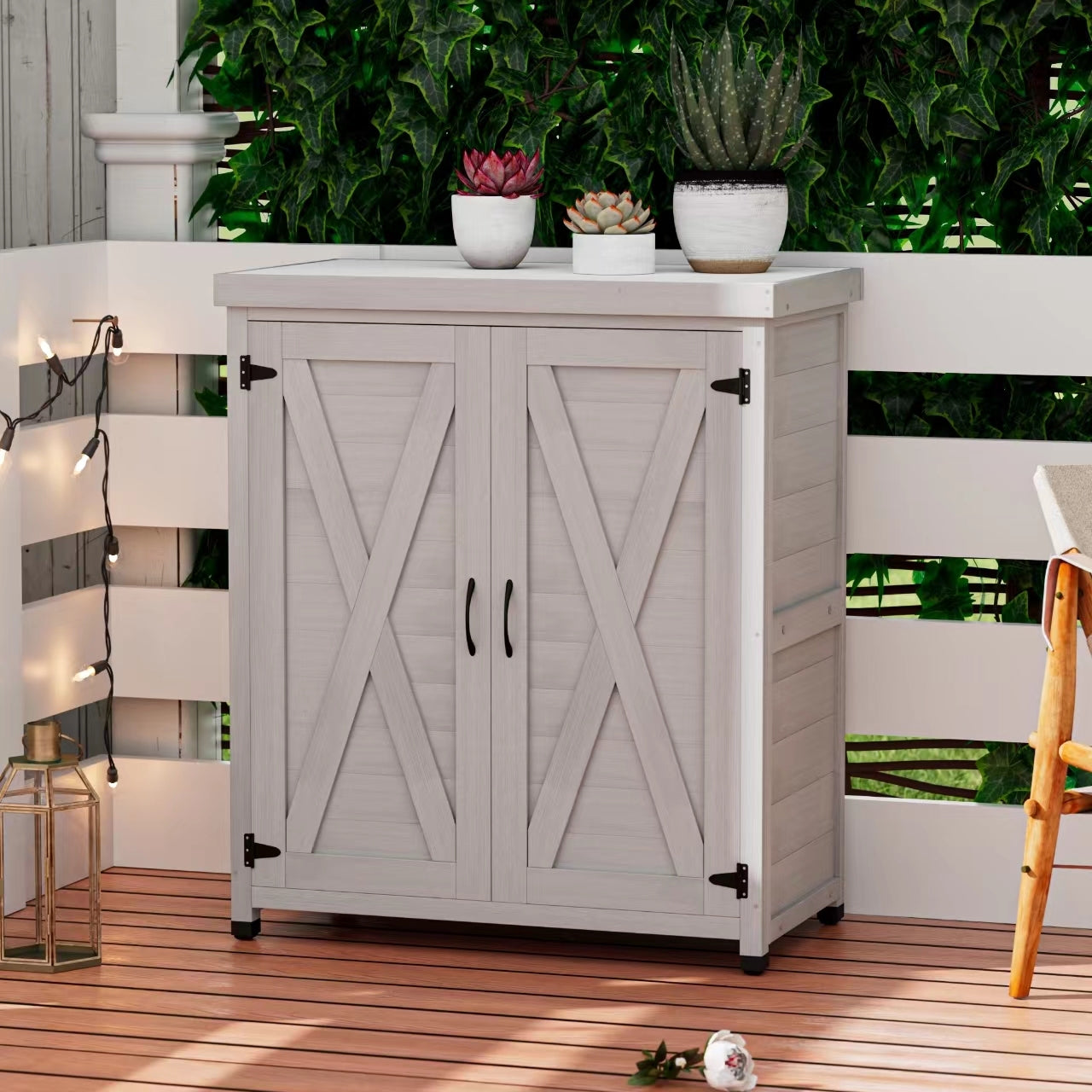 Potting Bench With Storage Cabinet And Metal Table Top For Outdoor Patio,Outdoor Work Station Table Gray Solid Wood