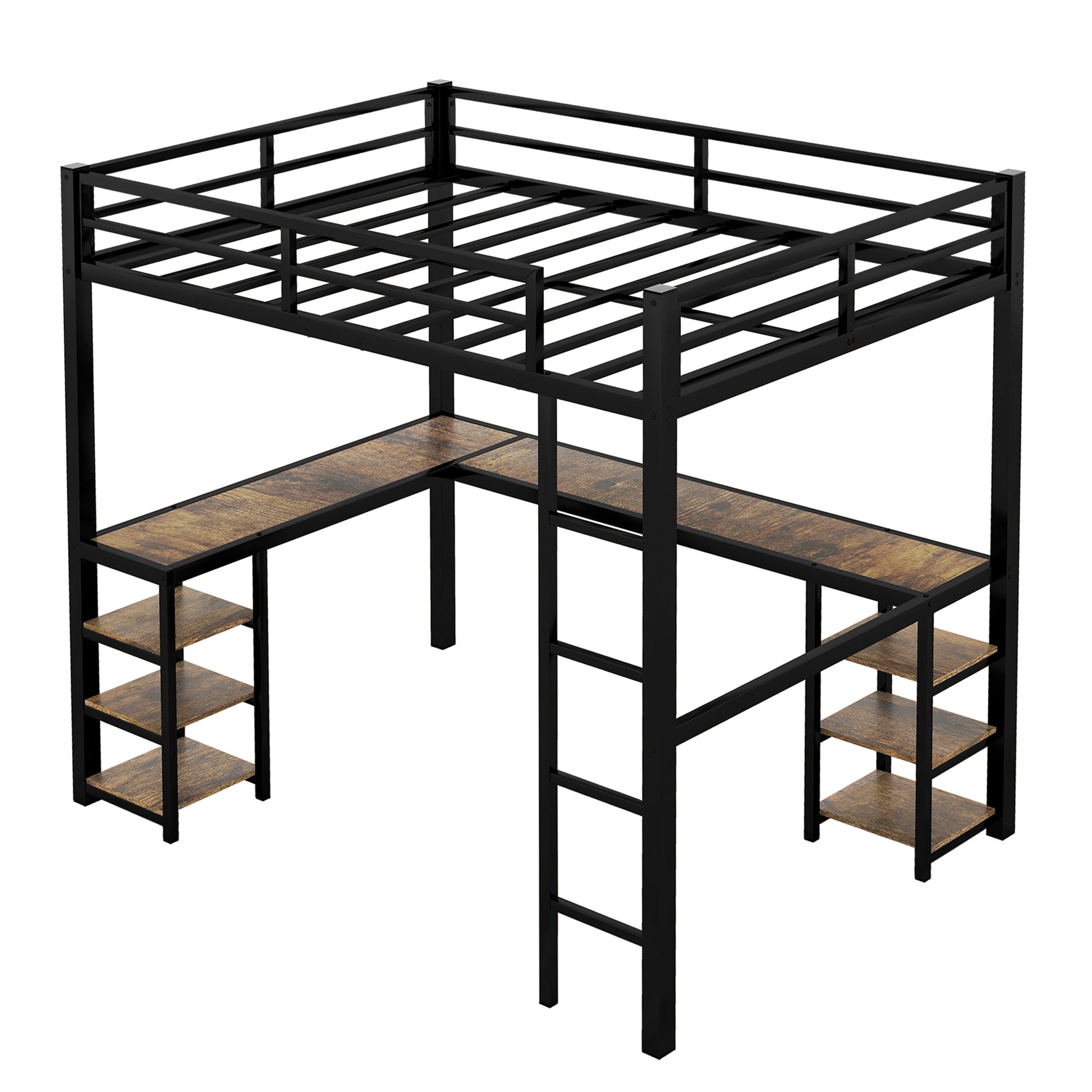 Full Metal Loft Bed With Desk And Shelves, Loft Bed With Ladder And Guardrails, Loft Bed Frame For Bedroom, Black With Vintage Wood Colored Desk Black Metal