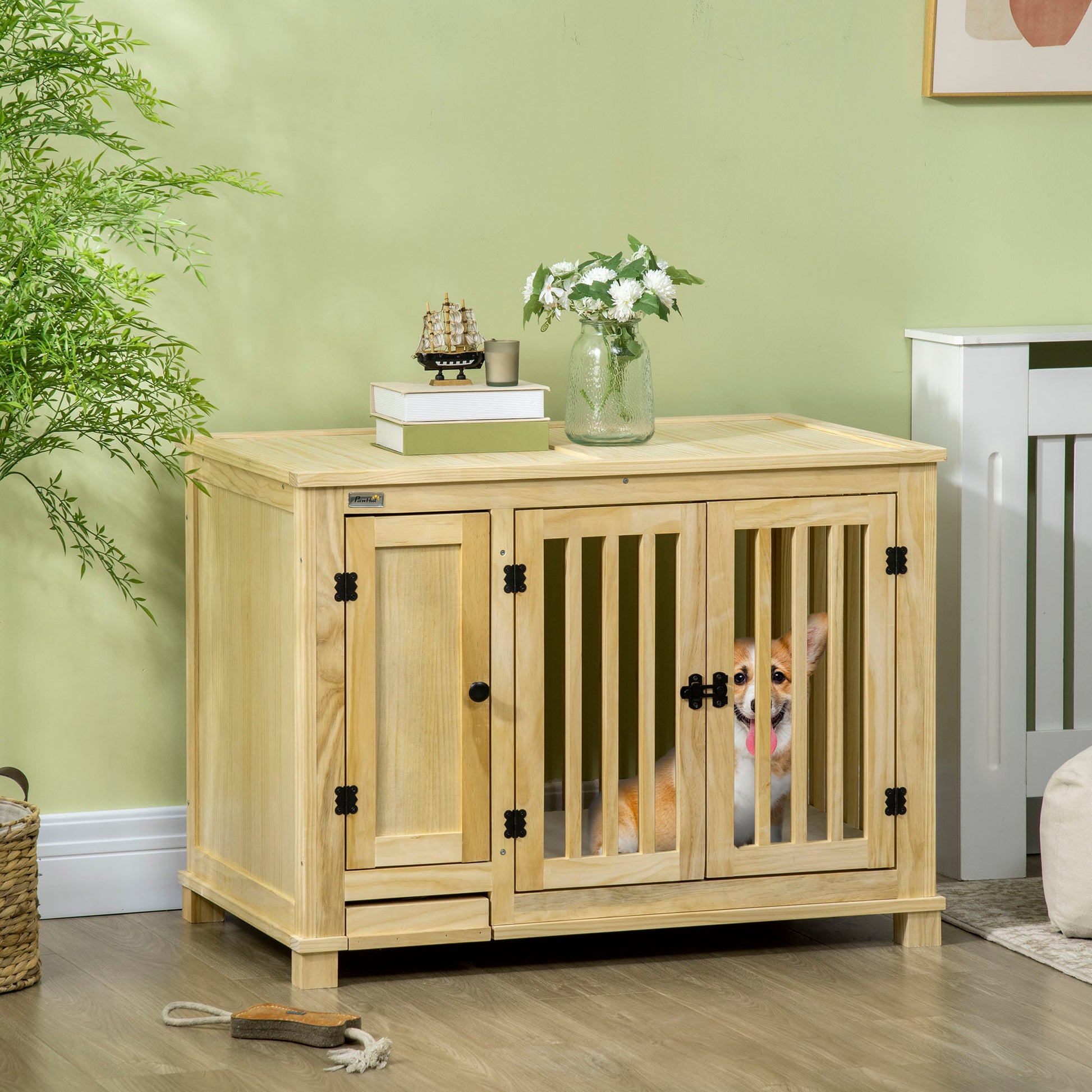 Pawhut Wood Dog Crate Furniture With Hidden Food Bowl In Drawer, Dog Crate End Table With Cushion, Double Doors, For Small Dogs Indoor Use, Natural Natural Wood Wood