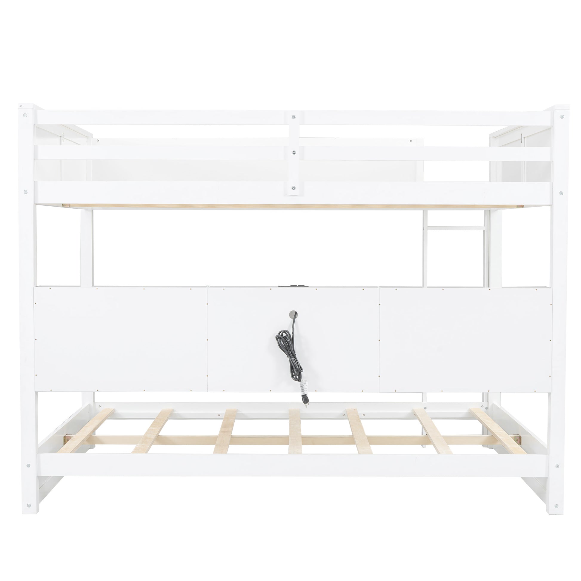 Queen Over Queen Bunk Bed With Storage Cabinets And Usb Ports, White White Solid Wood Mdf