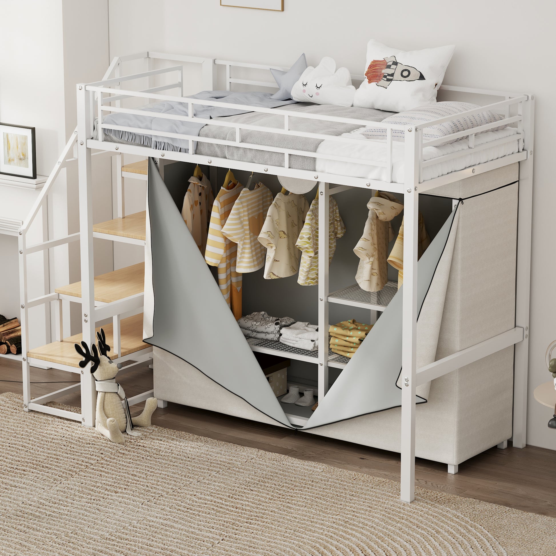 Twin Size Metal Loft Bed With Wardrobe And Storage Shelves, White Box Spring Not Required Twin White Metal Mdf Metal