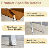 Table And Chair Set.Large Modern Rectangular Table With Brown Glass Top And Silver Metal Legs. Paired With 6 White Chairs With Checkered Armless High Back Pu Cushion And Silver Metal Legs.