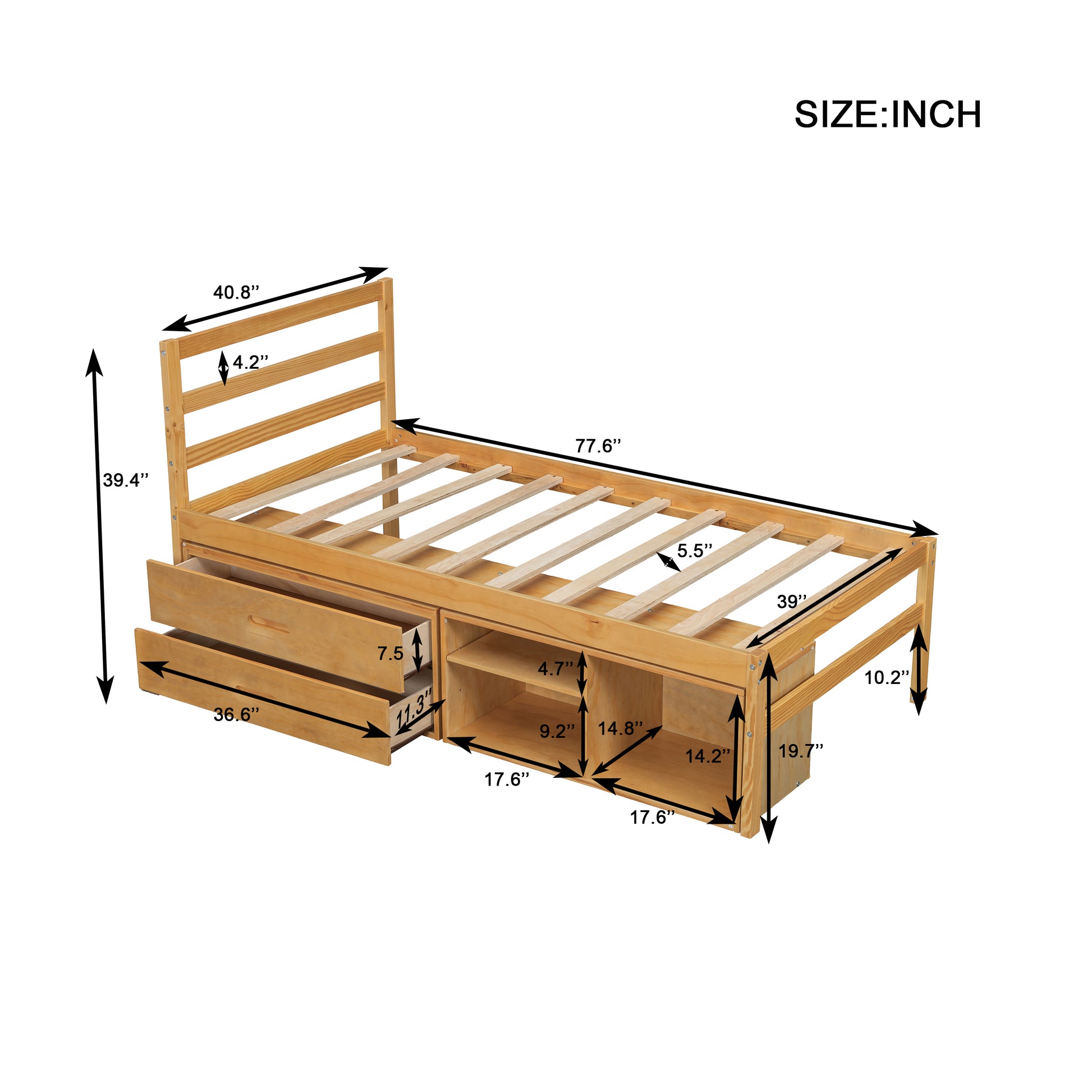 Twin Size Wood Platform Bed With Removable Storage Shelves, Built In Two Storage Drawers For Added Convenience, Natural Twin Natural Wood