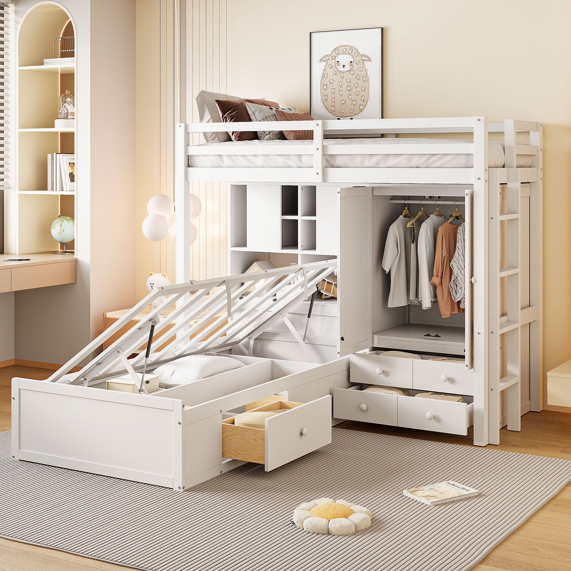 Twin Bunk Bed With Drawers, Wardrobe, Storage Shelves And Hydraulic Bed,White White Mdf Lvl